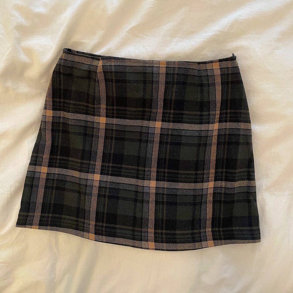 Vintage 90s The Limited plaid wool mini skirt | green gray grey tan brown tartan